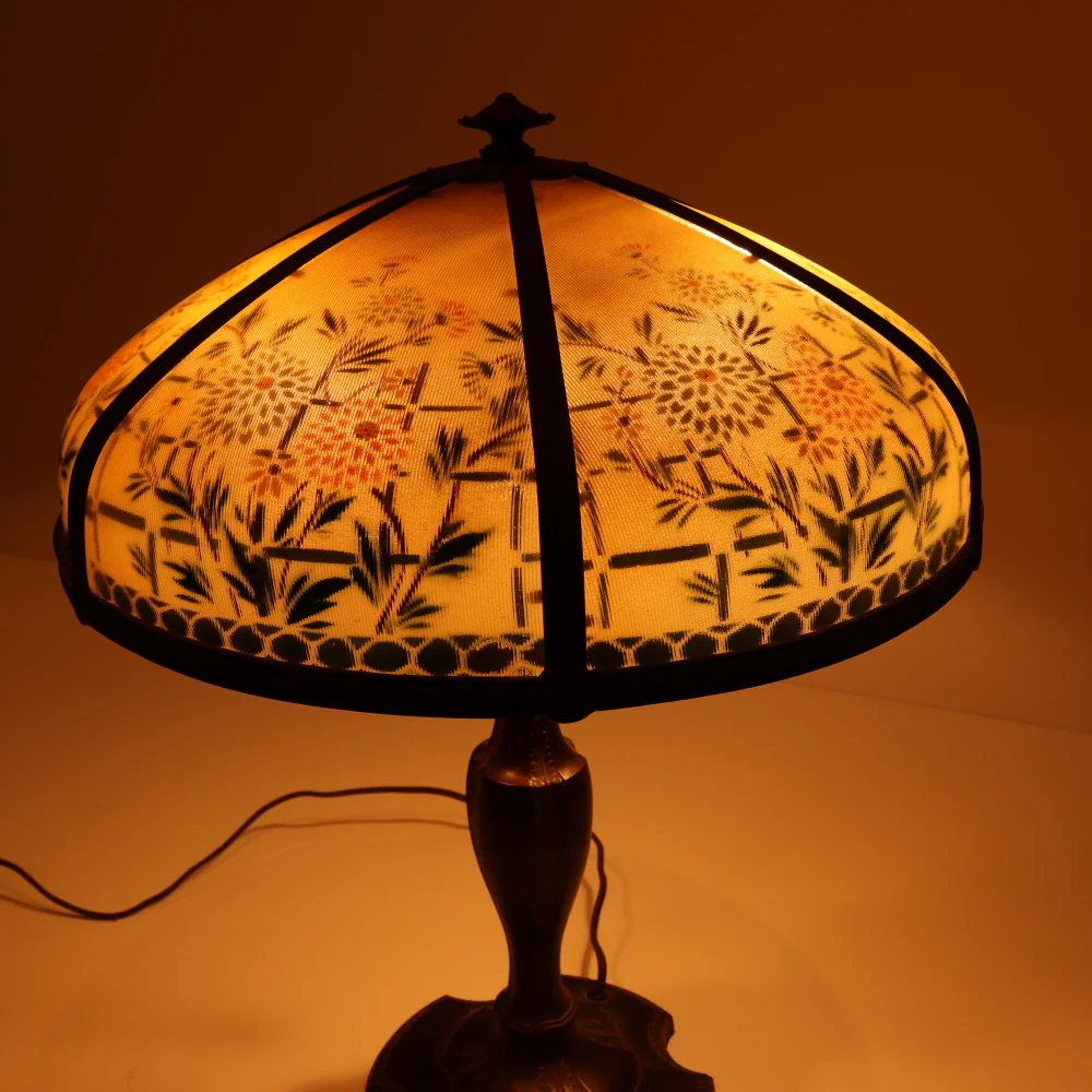 AL2-098: Antique Early 20th Century Art Nouveau Lamp with Reverse Painted Ribbed Glass Shade - Image 8