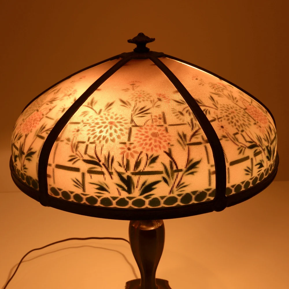 AL2-098: Antique Early 20th Century Art Nouveau Lamp with Reverse Painted Ribbed Glass Shade - Image 9